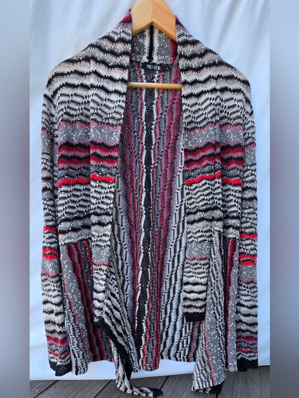 NIC+ZOE Large  Open-Front Multicolor Stripe Sweater - Black, White & Red